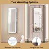 Mirrored jewelry armoire with full-length mirror, LED lights, and two mounting options for versatile placement.