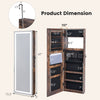 Mirrored jewelry armoire in rustic brown with dimensions, featuring a full-length mirror and internal LED lights.