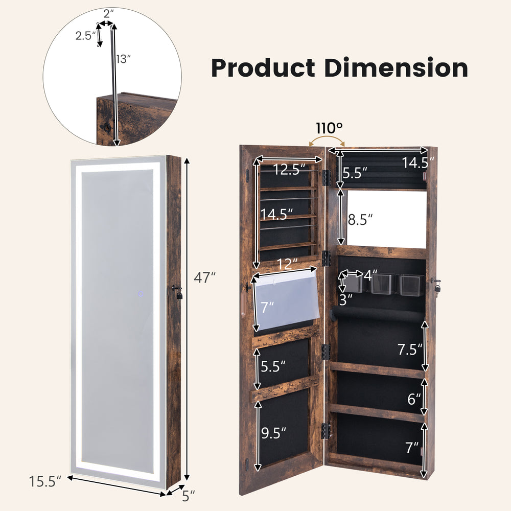 Mirrored jewelry armoire in rustic brown with dimensions, featuring a full-length mirror and internal LED lights.