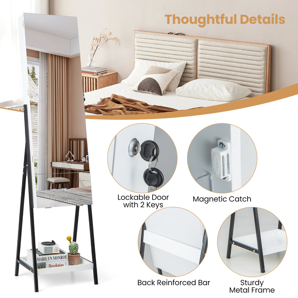 Freestanding jewelry organizer with full-length mirror, lockable door, and sturdy metal frame for elegant storage.