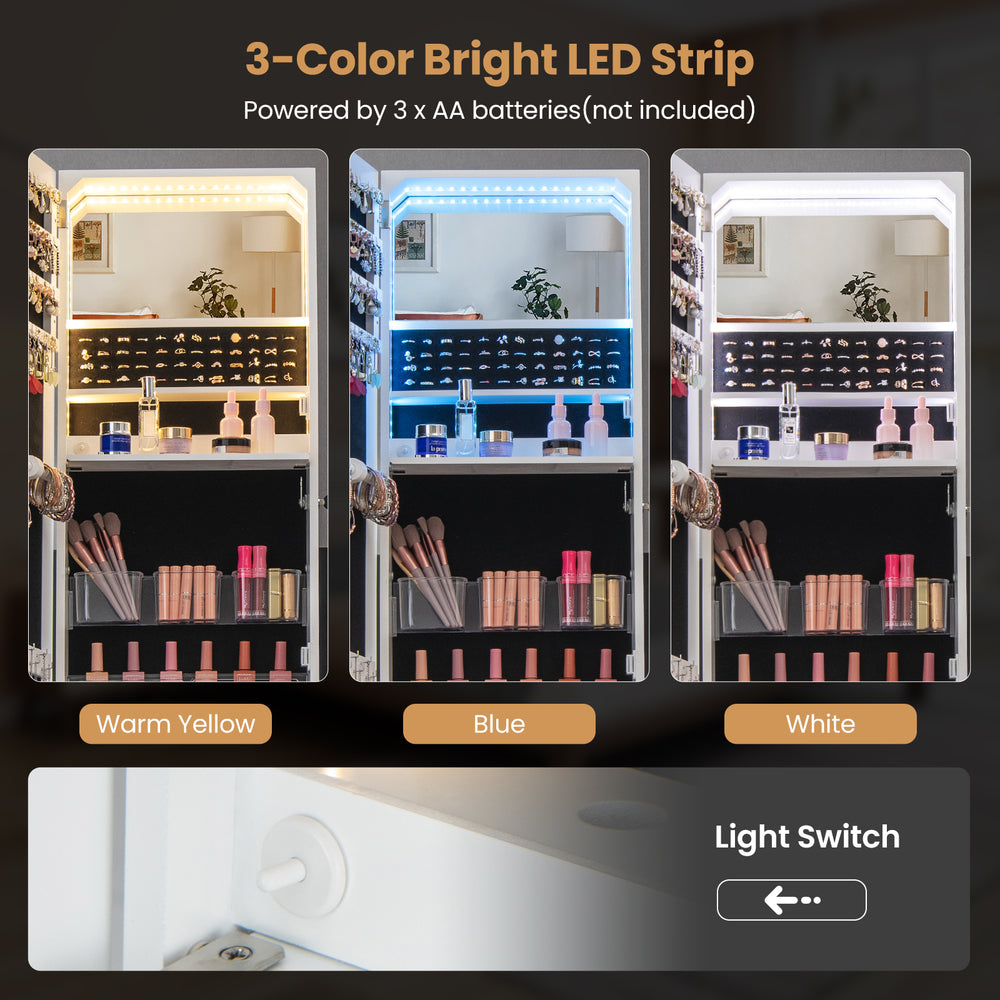 Freestanding jewelry organizer with full-length mirror, 3-color LED lights, and lockable storage for safety and.