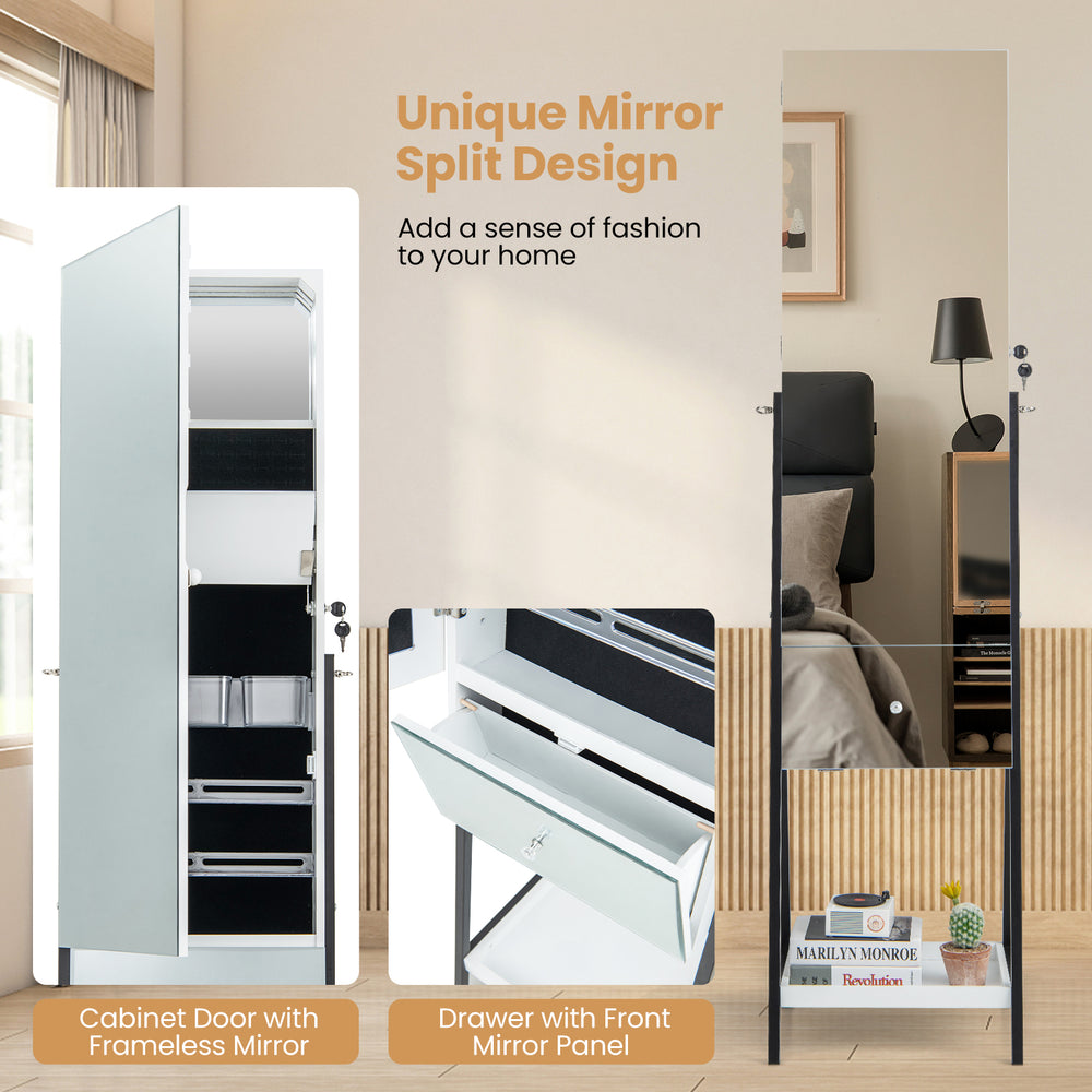 Freestanding jewelry organizer with full-length frameless mirror, lockable design, and spacious storage for elegant.