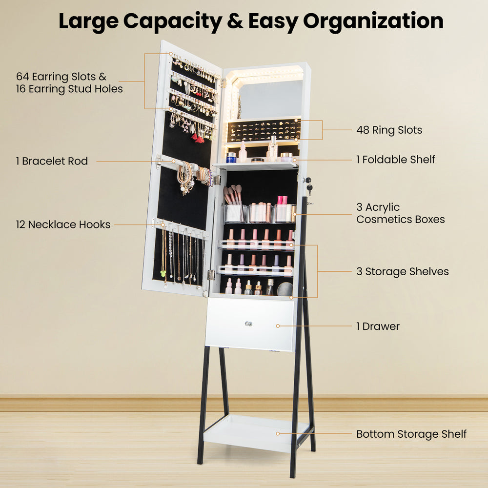 Freestanding jewelry organizer with full-length mirror, large capacity, and LED lights for easy makeup application.
