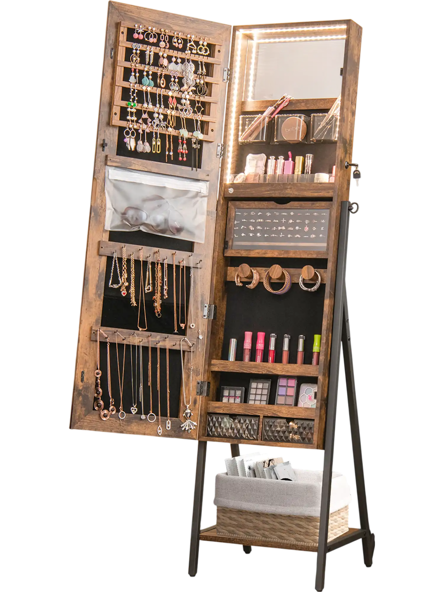 Costway Freestanding Jewelry Armoire Full-Length Mirror Rustic Brown 81937426 New