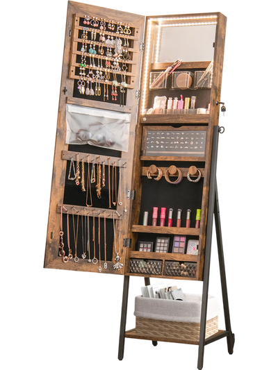 Costway Freestanding Jewelry Armoire Full-Length Mirror Rustic Brown 81937426 New