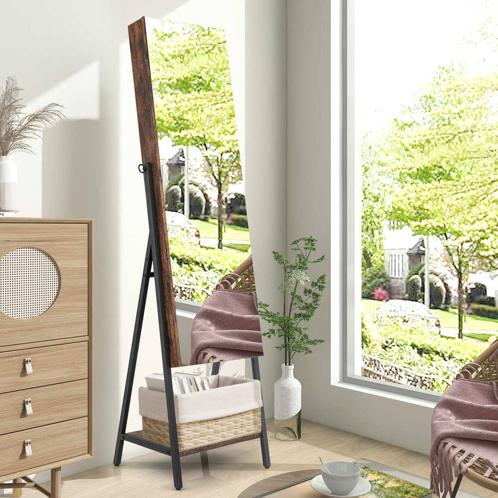 Freestanding jewelry cabinet with full-length mirror in rustic brown, featuring multiple storage options and elegant.