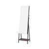 Freestanding jewelry cabinet with full-length mirror in rustic brown, featuring multiple storage options and a lockable.