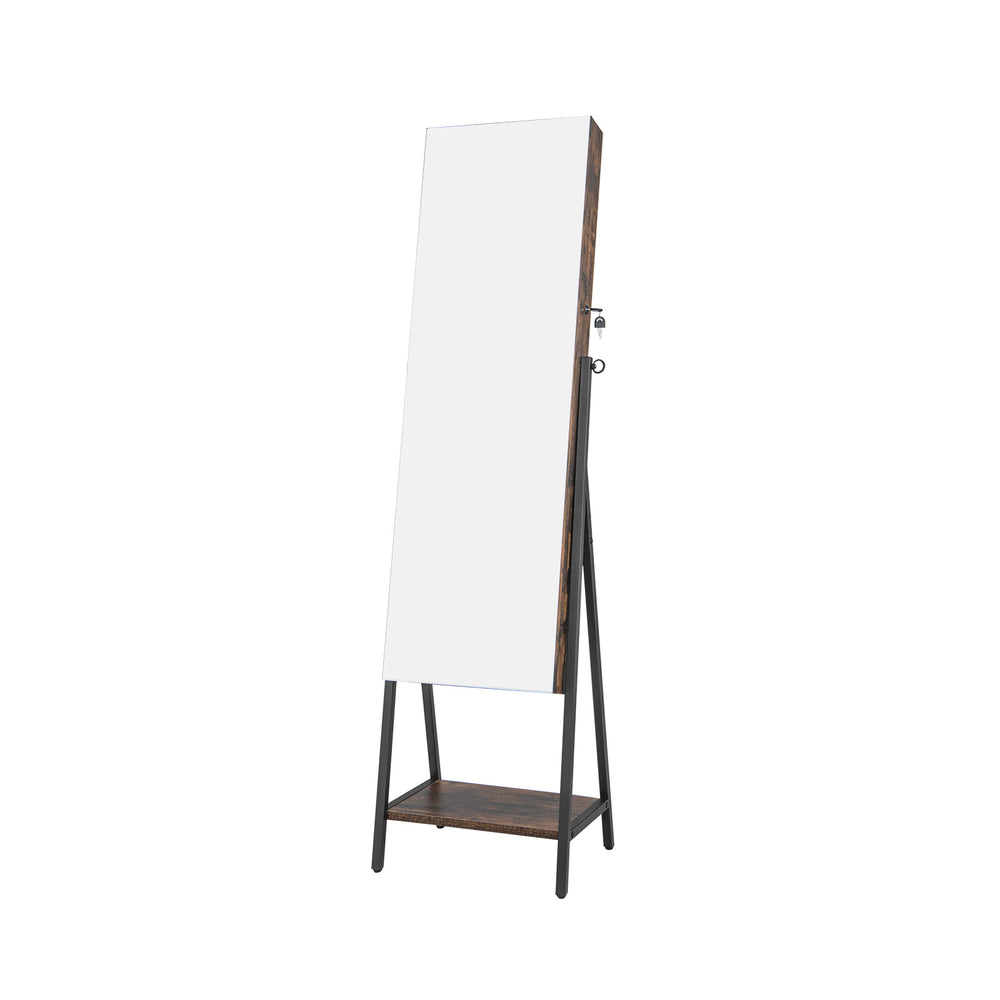 Freestanding jewelry cabinet with full-length mirror in rustic brown, featuring multiple storage options and a lockable.