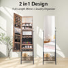 Freestanding jewelry cabinet with full-length mirror in rustic brown, featuring storage compartments and LED lights for.