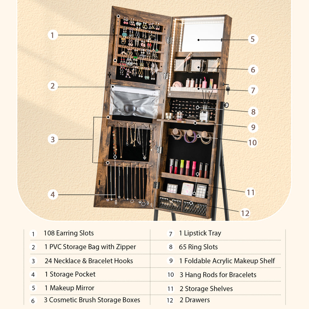 Jewelry cabinet interior showcasing 108 earring slots and storage hooks, designed for organized jewelry and cosmetics.