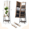 Freestanding jewelry cabinet in rustic brown with full-length mirror, multiple storage options, and lockable design for.