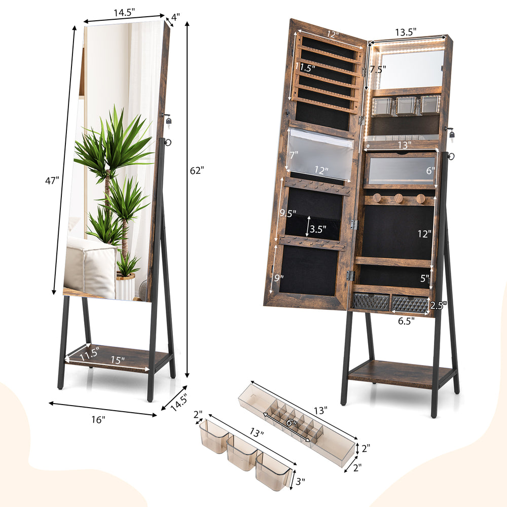 Freestanding jewelry cabinet in rustic brown with full-length mirror, multiple storage options, and lockable design for.