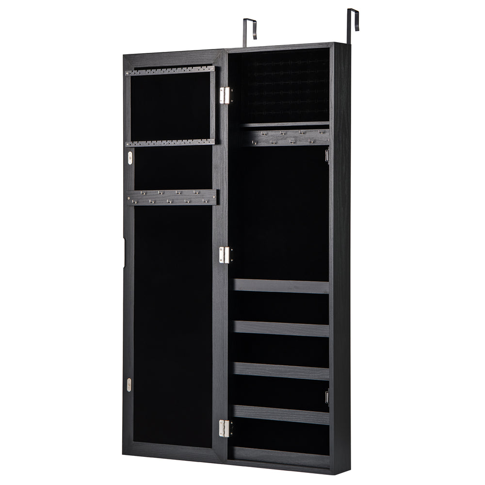 Black jewelry armoire with premium hinges, soft velvet lining, and multiple storage shelves for organized jewelry.