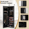 Jewelry cabinet in black with full-length mirror, soft velvet lining, and premium hinges for wall or door mounting.