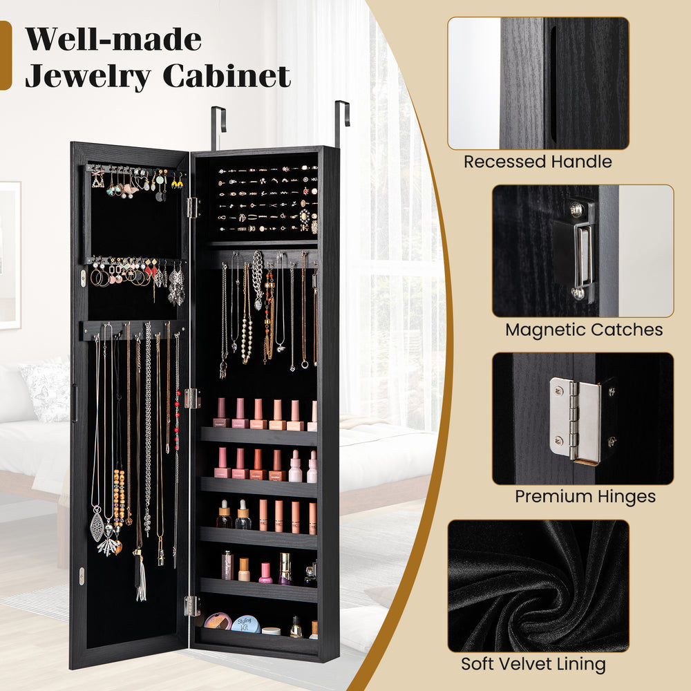 Jewelry cabinet in black with full-length mirror, soft velvet lining, and premium hinges for wall or door mounting.