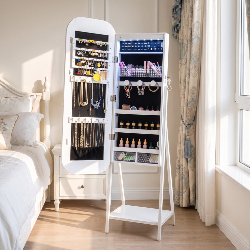 Jewelry cabinet with full-length mirror in white, featuring LED lights and ample storage for jewelry and cosmetics.