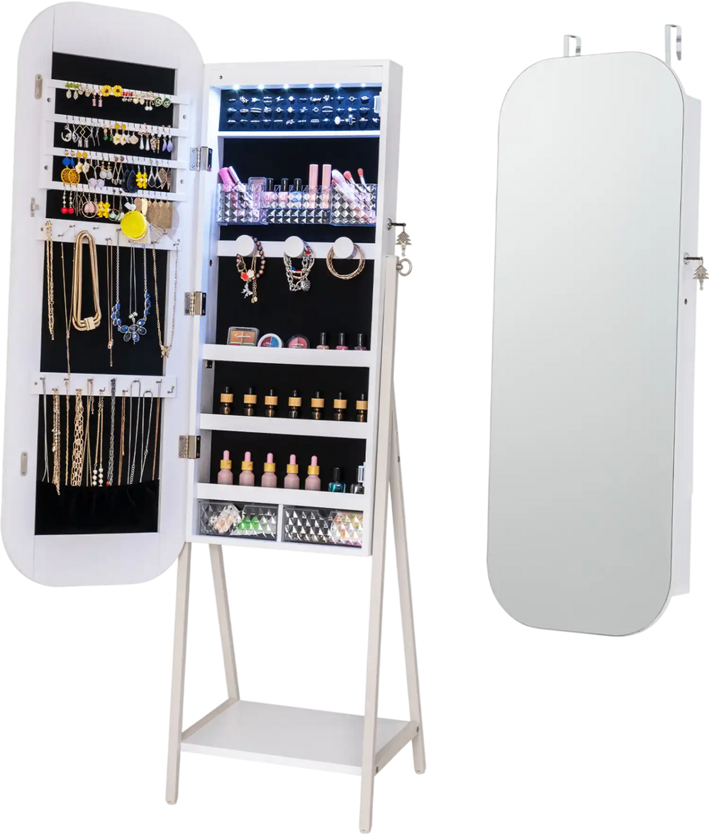 Jewelry cabinet with a full-length mirror in white, featuring LED lights, ample storage, and a lockable door for security.