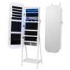 Jewelry cabinet with a full-length mirror in white, featuring LED lights, large storage capacity, and lockable door for security.