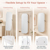 Freestanding white jewelry cabinet with a full-length mirror, featuring large storage capacity and built-in LED lights.
