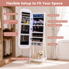 Jewelry cabinet with a full-length mirror in white, featuring multiple storage options for jewelry and cosmetics.