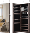 Jewelry mirror cabinet in dark brown with interior mirror, soft velvet lining, and a lockable design for secure storage.