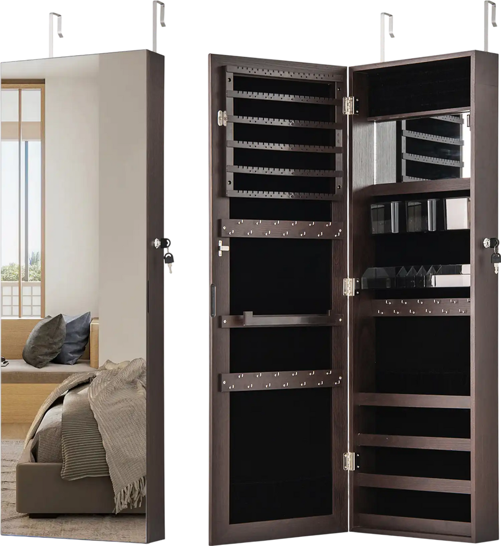 Jewelry mirror cabinet in dark brown with interior mirror, soft velvet lining, and a lockable design for secure storage.