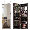 Jewelry mirror cabinet in dark brown with full-length mirror, ample storage, and adjustable hangers for versatile use.