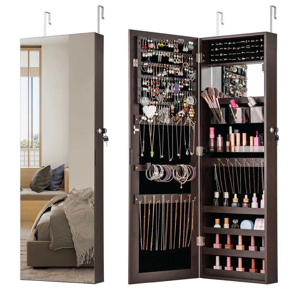Jewelry mirror cabinet in dark brown with full-length mirror, ample storage, and adjustable hangers for versatile use.