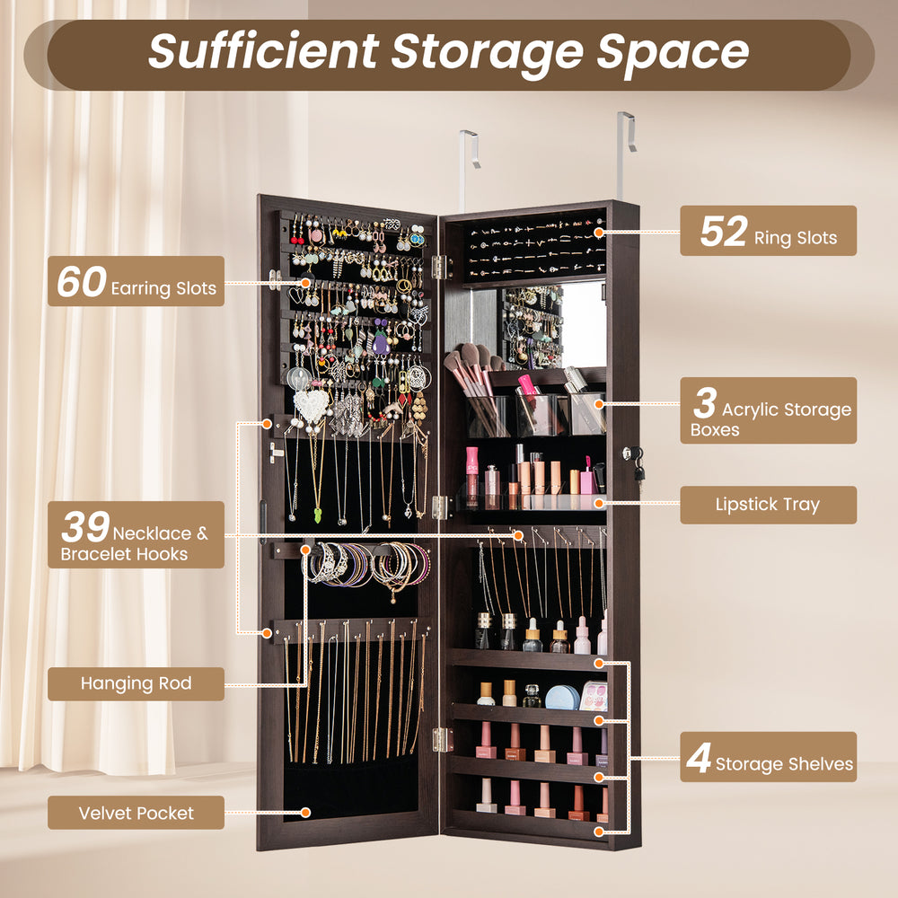 Jewelry mirror cabinet in dark brown with full-length mirror, ample storage, and adjustable hangers for organized.