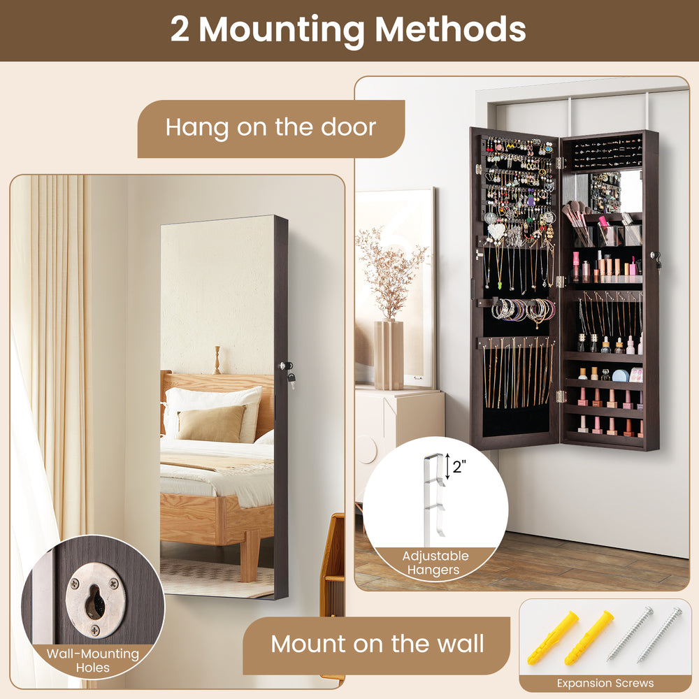 Jewelry mirror cabinet in dark brown with full-length mirror, adjustable hangers, and ample storage for jewelry.