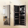 Jewelry mirror cabinet with full-length mirror, dark brown finish, ample storage, and adjustable hangers for versatile.