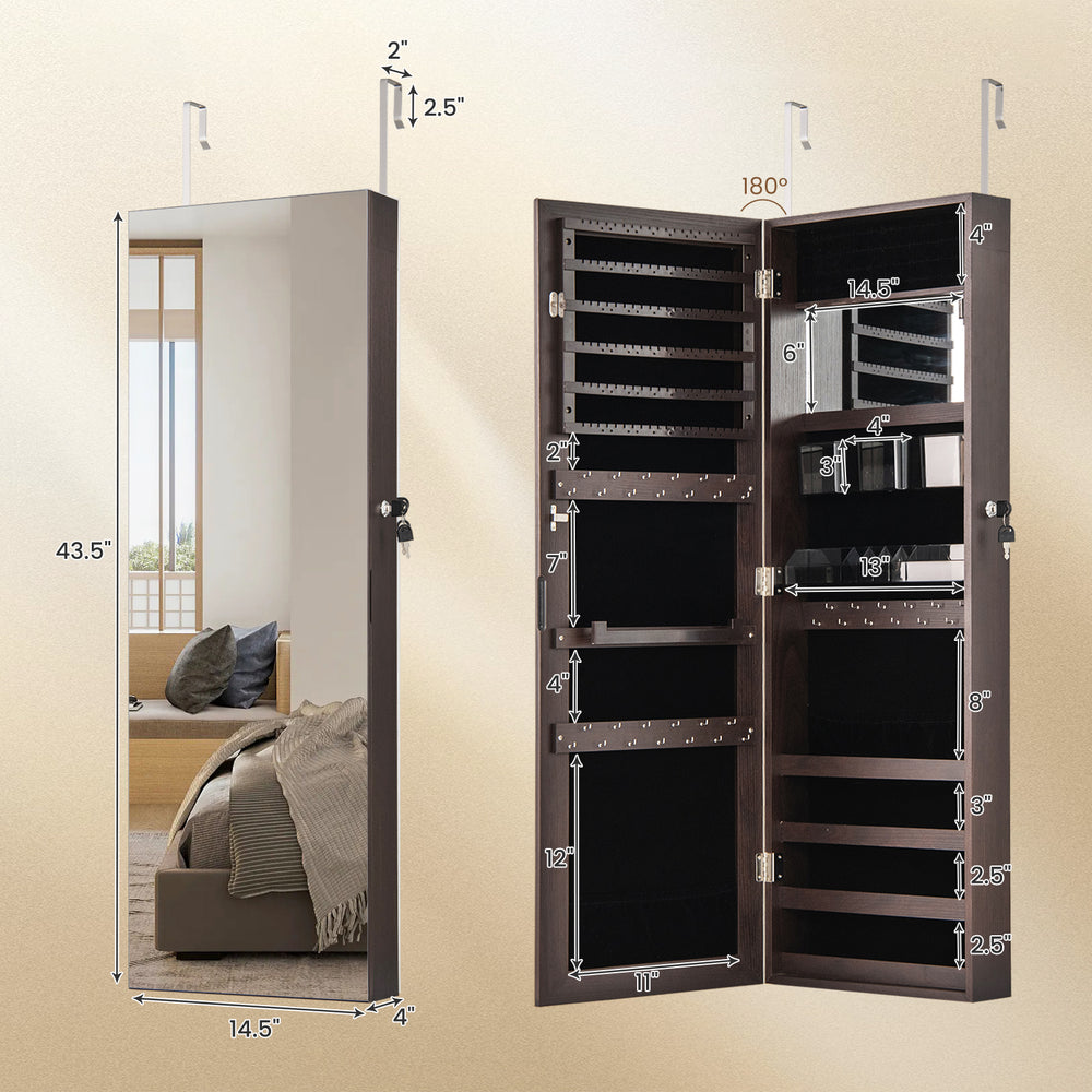 Jewelry mirror cabinet with full-length mirror, dark brown finish, ample storage, and adjustable hangers for versatile.