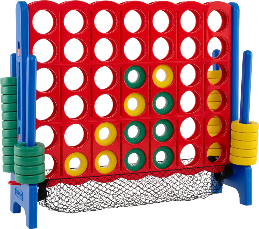 Jumbo 4 in a Row game set in red with 42 chess pieces, ideal for indoor and outdoor family fun.