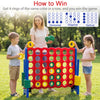 Jumbo 4 in a Row game set with red frame and green, yellow chess pieces for outdoor family fun and gatherings.