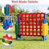 Jumbo 4 in a Row game set with red and yellow pieces, featuring easy-reset levers and mesh storage bag for outdoor fun.