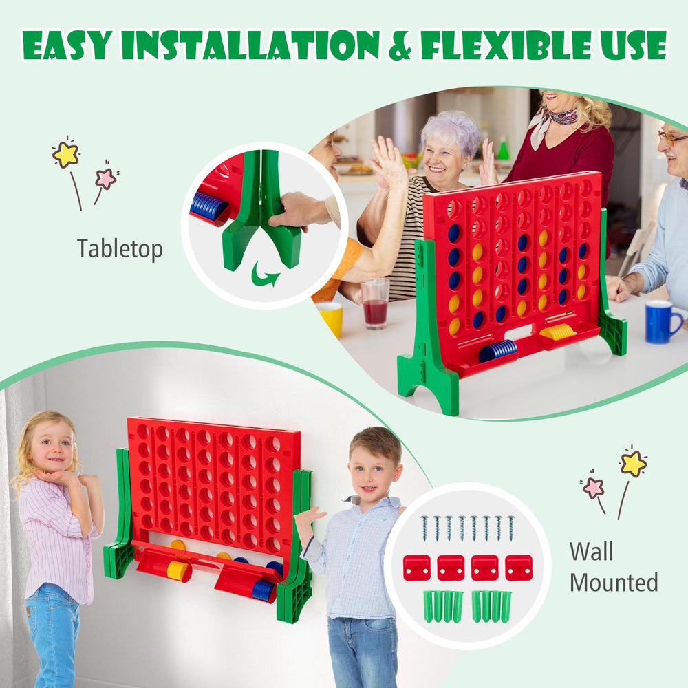 Jumbo 4-to-Score Connect Game Set shown in tabletop mode, ideal for family gatherings and outdoor fun with 42 coins.