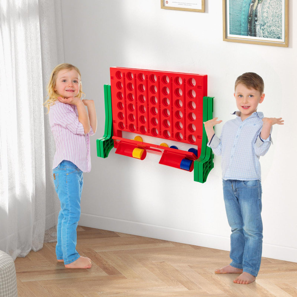 Jumbo 4-to-Score Connect Game Set in green, wall-mounted with kids playing, ideal for family gatherings and parties.