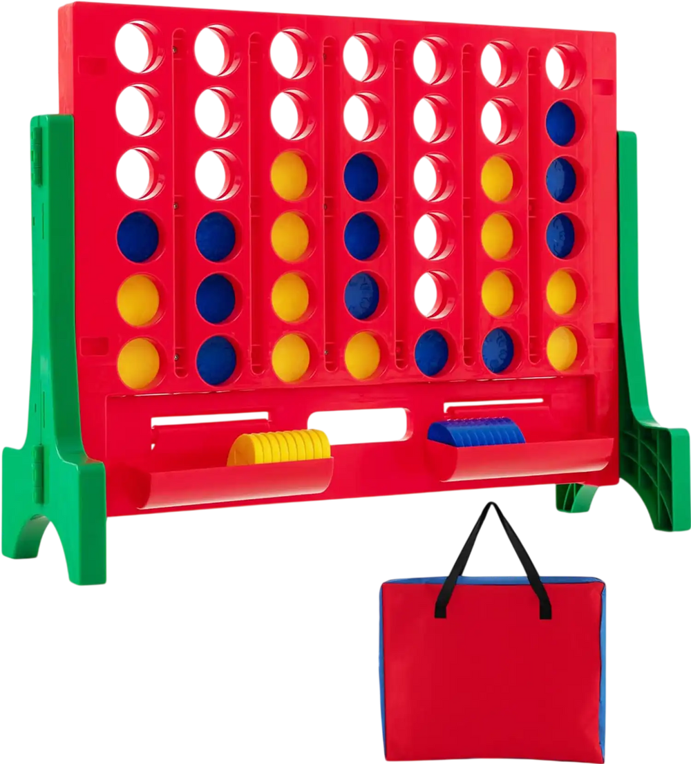 Jumbo 4-to-Score Connect Game Set in red and green with carrying bag, perfect for indoor and outdoor family fun.