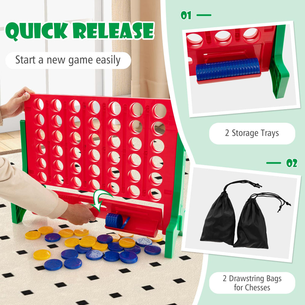 Jumbo 4-to-Score Connect Game Set with red and green frame, featuring quick release and storage trays for coins.