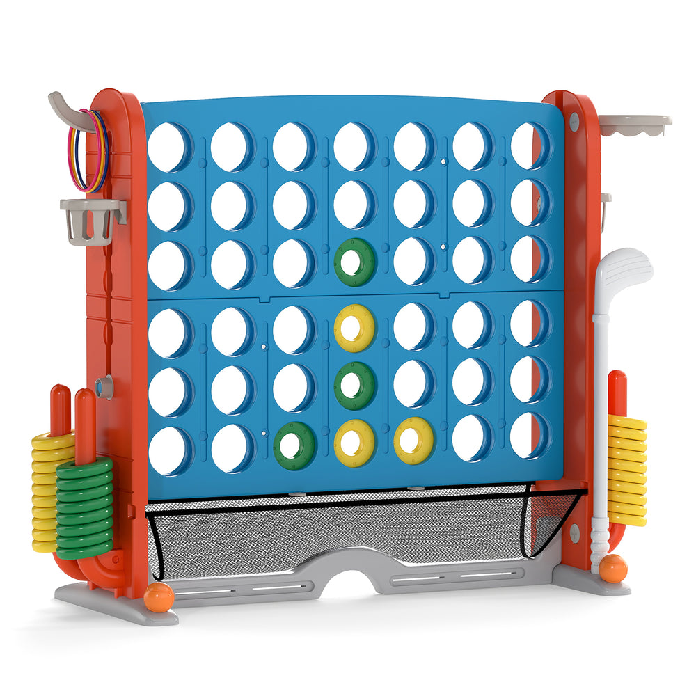 Jumbo 4-to-Score game in blue and orange with ring toss, basketball hoop, and adjustable height for kids' fun.