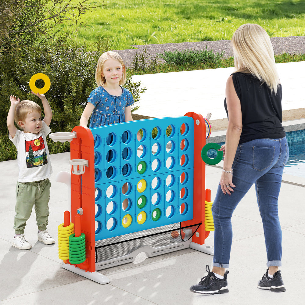 Kids playing Jumbo 4-to-Score Game with ring toss and basketball hoop in blue and orange, perfect for outdoor fun.