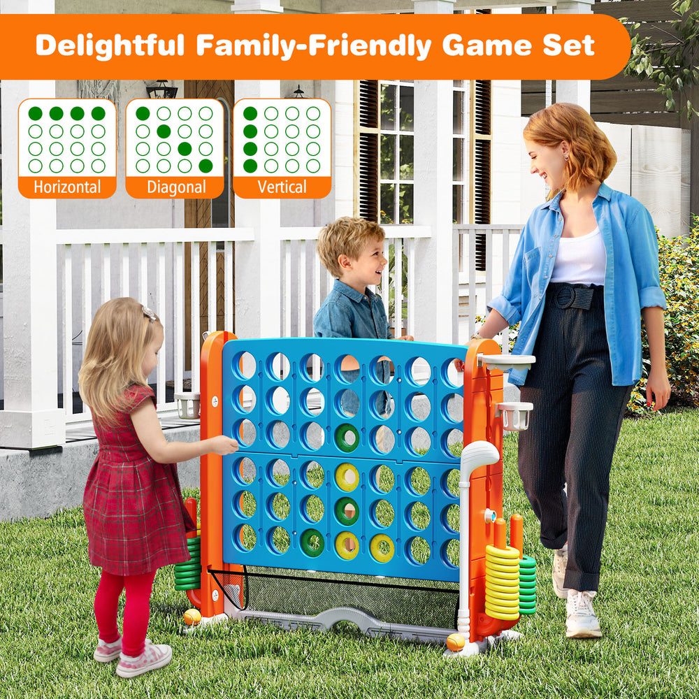 Jumbo 4-to-Score game set in blue and orange with ring toss and basketball hoop, designed for family fun outdoors.