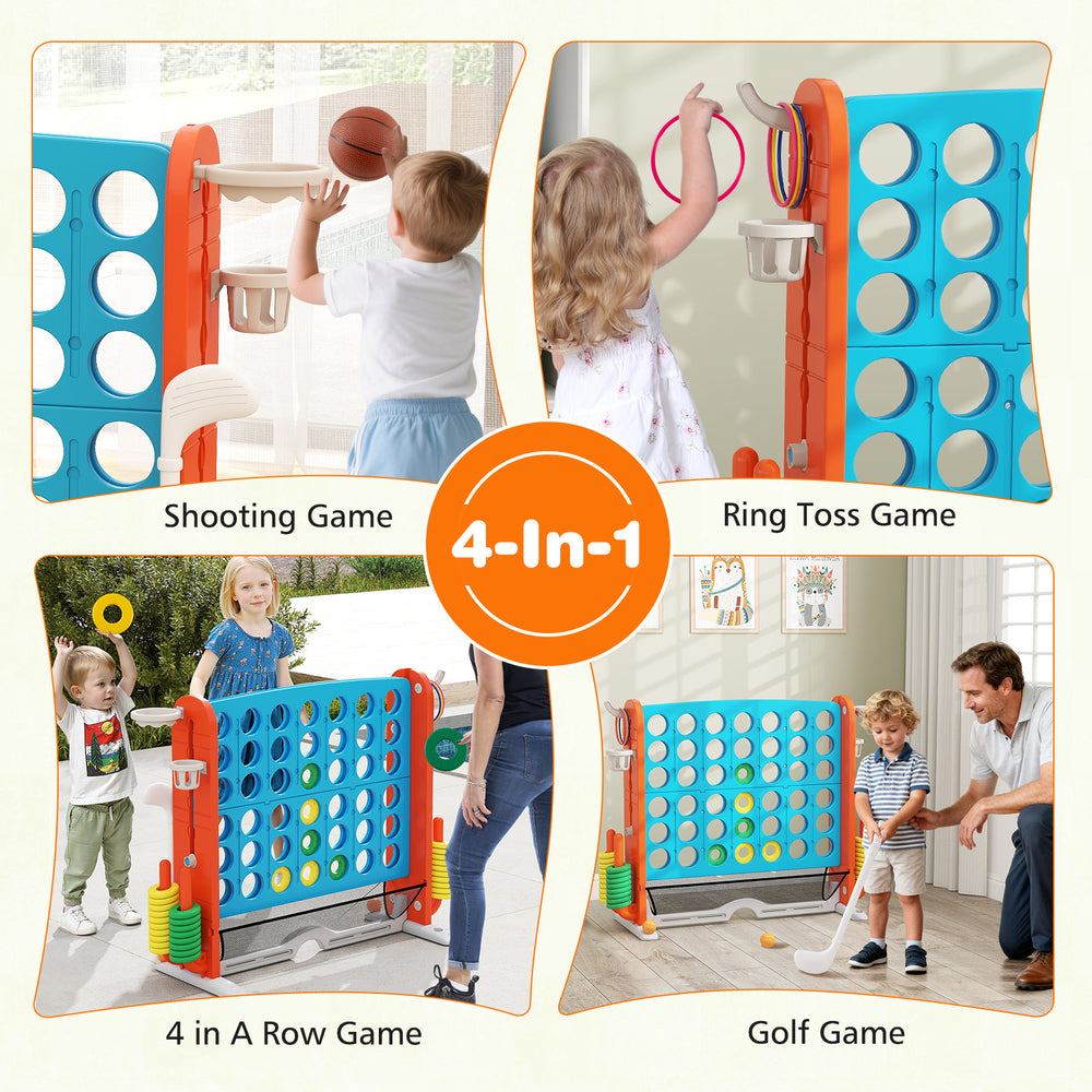 Jumbo 4-to-Score game featuring basketball hoop, ring toss, and adjustable height for versatile 4-in-1 fun.