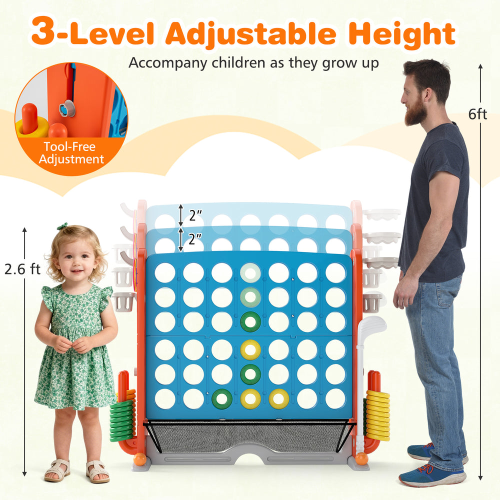 Jumbo 4-to-Score game with adjustable height, featuring ring toss and basketball hoop for versatile outdoor fun.