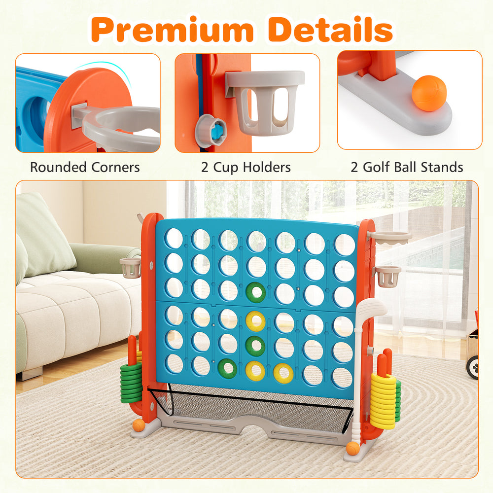 Jumbo 4-to-Score game in blue and orange with cup holders, adjustable height, and integrated sports activities for kids.
