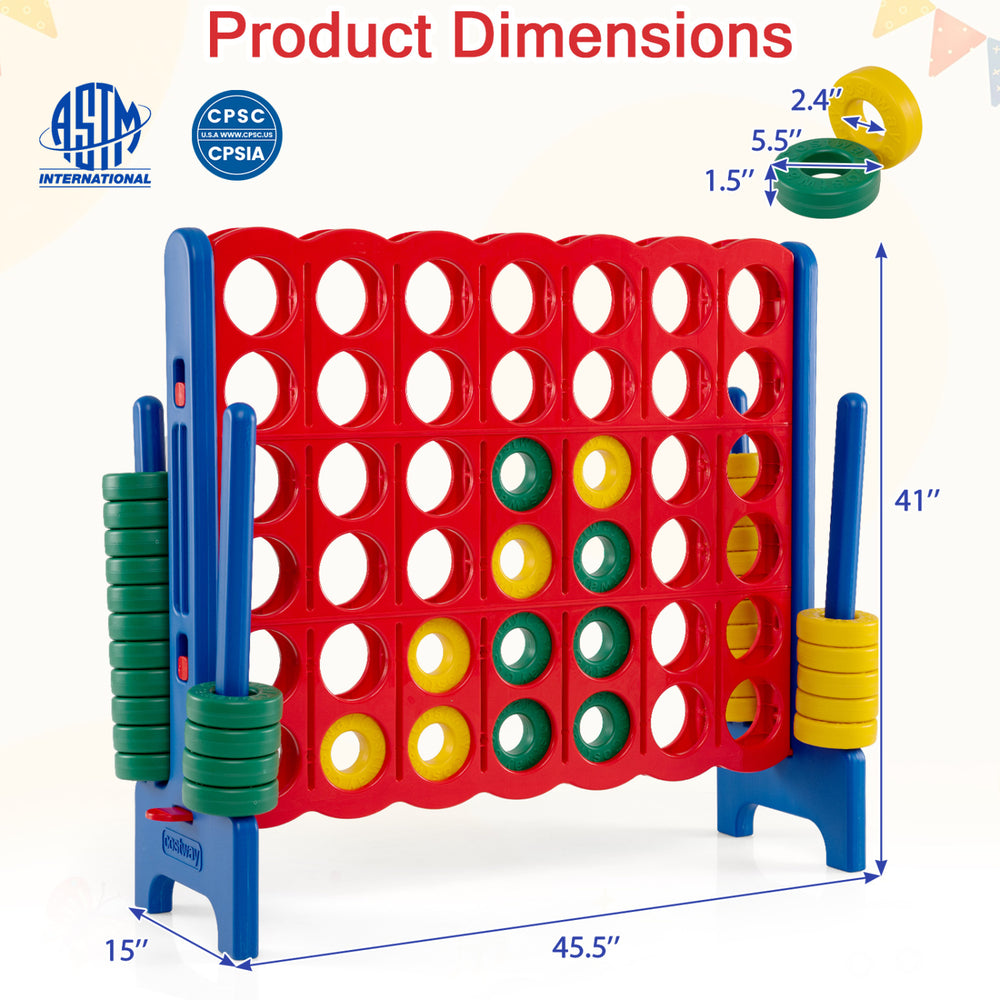 Jumbo 4-to-Score game set with red and yellow discs, 3.5FT tall and 4FT wide, perfect for family fun indoors or.