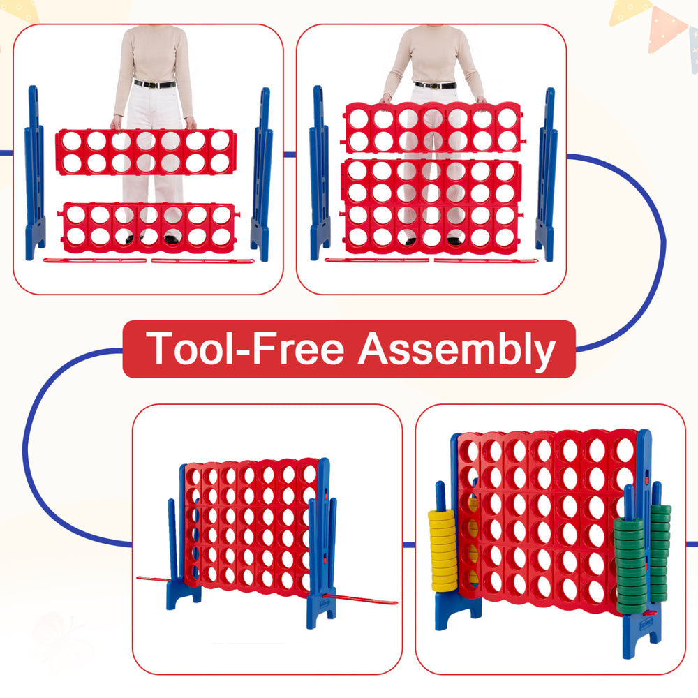 Jumbo 4-to-Score game set in blue, 3.5FT tall and 4FT wide, designed for easy tool-free assembly for family fun.