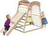 Wooden 6-in-1 jungle gym with multicolor monkey bars and double-sided ramp for indoor toddler play and climbing fun.