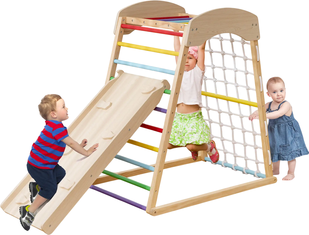 Wooden 6-in-1 jungle gym with multicolor monkey bars and double-sided ramp for indoor toddler play and climbing fun.