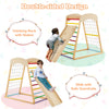 Wooden 6-in-1 jungle gym with double-sided ramp, featuring climbing rock and slide, designed for safe indoor play.
